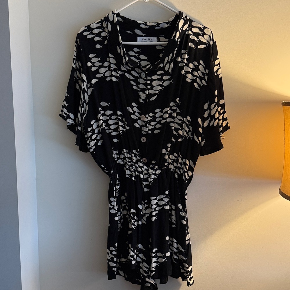 Ava Sky Black and White Fish Print Romper